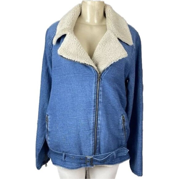 Cloth & Stone L Blue Denim Faux Shearling Cotton Pockets Zip Long Sleeve Jacket - Picture 2 of 6